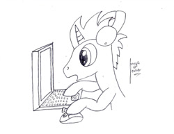 Size: 1017x786 | Tagged: safe, artist:pixelgrip94, oc, oc:pixel grip, pony, computer, computer mouse, headphones, laptop computer