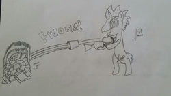 Size: 1023x576 | Tagged: safe, artist:pixelgrip94, oc, oc:pixel grip, pony, flamethrower, weapon