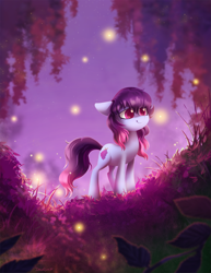 Size: 1913x2475 | Tagged: safe, artist:dawnfire, oc, oc:share dast, firefly (insect), pony, art trade, female, mare, scenery, smiling, solo, tree