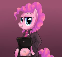 Size: 1075x1000 | Tagged: safe, artist:uc77, pinkie pie, earth pony, pony, bipedal, briefcase, businessmare, cake, clothes, female, gradient background, mare, paint tool sai, solo, suit
