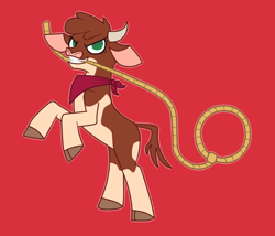 Size: 700x600 | Tagged: safe, artist:machacapigeon, arizona cow, cow, them's fightin' herds, bandana, cloven hooves, colored hooves, community related, female, lasso, mouth hold, neckerchief, no pupils, red background, rope, simple background, solo