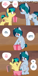 Size: 1238x2463 | Tagged: safe, artist:shinodage, oc, oc:apogee, oc:delta vee, pegasus, pony, :o, annoyed, box, cheering, chest fluff, chest freckles, clothes, comic, cute, diageetes, dialogue, ear freckles, eye contact, eyes closed, female, filly, freckles, frown, grin, happy, holiday, hooves, how, lidded eyes, looking at each other, mare, mother and child, mother and daughter, mouth hold, now you're thinking with portals, ocbetes, open mouth, parent and child, pony in a box, portal, present, raised hoof, sitting, smiling, speech bubble, spread wings, tanktop, ungrateful, up, wat, wide eyes, wings