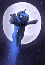 Size: 665x965 | Tagged: safe, artist:uc77, princess luna, alicorn, pony, female, flying, godannar, mare, moon, night, paint tool sai, solo, stars, underhoof