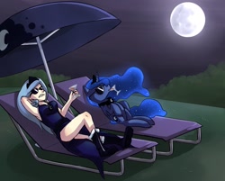 Size: 1025x825 | Tagged: safe, artist:uc77, princess luna, alicorn, human, pony, armpits, female, glass, human ponidox, humanized, mare, moon, night, paint tool sai, self ponidox, solo, sunglasses, swag, umbrella