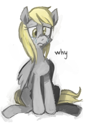 Size: 700x1000 | Tagged: safe, artist:fuckinmonday, derpy hooves, pegasus, pony, crying, female, mare, sad, simple background, sitting, solo