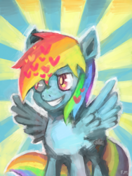 Size: 600x800 | Tagged: safe, artist:fuckinmonday, rainbow dash, pegasus, pony, abstract background, female, grin, heart, mare, solo, spread wings, wings