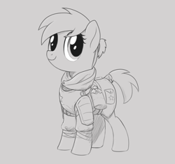 Size: 1720x1620 | Tagged: safe, artist:brisineo, oc, oc only, oc:jacaranda, earth pony, pony, fallout equestria, fallout equestria: red 36, armor, fanfic art, female, lineart, mare, monochrome, ncr, new canterlot army, new canterlot republic, ponytail, simple background, solo