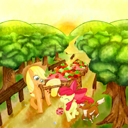 Size: 2000x2000 | Tagged: dead source, safe, artist:jesrartes, apple bloom, applejack, winona, dog, earth pony, pony, apple, apple sisters, cart, female, filly, foal, food, high res, mare, mouth hold, paint tool sai, siblings, sisters, tree, trio