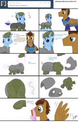 Size: 1318x2058 | Tagged: source needed, useless source url, safe, artist:asktheguardponies, minuette, oc, oc:gears, pegasus, pony, unicorn, armor, asktheguardponies, beret, clothes, comic, female, frilly underwear, invisibility, male, mare, panties, pink underwear, ribbon, stallion, tail wrap, underwear, wingboner