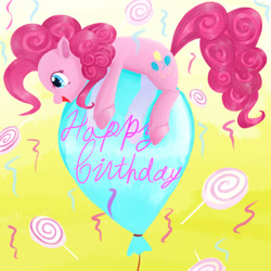 Size: 2500x2500 | Tagged: dead source, safe, artist:jesrartes, pinkie pie, earth pony, pony, abstract background, balloon, birthday, candy, female, happy, happy birthday, high res, lollipop, mare, paint tool sai, party, solo, then watch her balloons lift her up to the sky