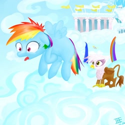 Size: 2500x2500 | Tagged: dead source, safe, artist:jesrartes, derpy hooves, gilda, rainbow dash, griffon, pegasus, pony, chickub, cloudsdale, female, filly, flying, high res, paint tool sai, younger