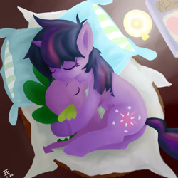 Size: 2500x2500 | Tagged: dead source, safe, artist:jesrartes, spike, twilight sparkle, unicorn twilight, dragon, pony, unicorn, bed, bed mane, candle, cute, duo, eyes closed, female, filly, high res, hug, male, mama twilight, paint tool sai, pillow, sleeping, spikabetes, spikelove, twiabetes