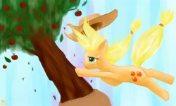 Size: 5000x3000 | Tagged: dead source, safe, artist:jesrartes, applejack, bloomberg, earth pony, pony, apple tree, falling, female, mare, paint tool sai, tree