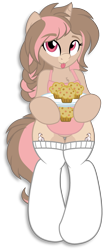 Size: 1461x3511 | Tagged: safe, artist:digiqrow, oc, oc only, oc:strawberry muffin, pony, semi-anthro, unicorn, :p, apron, clothes, female, food, muffin, muffins, plate, silly, simple background, socks, thigh highs, tongue out, transparent background