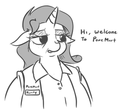 Size: 510x463 | Tagged: safe, artist:jargon scott, rarity, anthro, unicorn, bad end, cashier, clothes, dialogue, female, grayscale, i can't believe it's not tjpones, monochrome, name tag, older, simple background, solo, walmart, white background