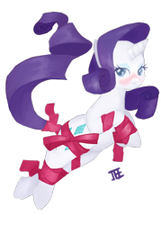 Size: 1000x1400 | Tagged: dead source, safe, artist:jesrartes, rarity, pony, unicorn, blushing, female, mare, present, ribbon, simple background, solo, transparent background