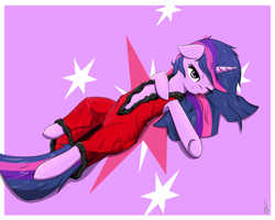 Size: 1280x1024 | Tagged: dead source, safe, artist:mrstufflebeam, twilight sparkle, pony, unicorn, clothes, cutie mark background, dress, female, mare, on back, one eye closed, photoshop, solo, wink