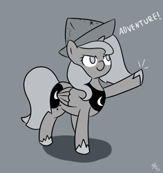 Size: 850x900 | Tagged: dead source, safe, artist:mrstufflebeam, princess luna, alicorn, pony, cartographer's cap, cute, female, filly, grayscale, hat, monochrome, moonstuck, no pupils, raised hoof, simple background, solo, woona