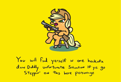 Size: 751x508 | Tagged: safe, artist:jargon scott, edit, editor:reb4ham, applejack, earth pony, pony, cowboy hat, delet this, don't tread on me, faic, female, freckles, gadsden flag, gun, hat, hoof hold, mare, shotgun, simple background, solo, weapon, yellow background