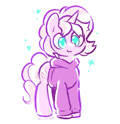 Size: 925x952 | Tagged: safe, artist:dawnfire, oc, oc only, oc:marshmallow fluff, pony, unicorn, clothes, hoodie, snow, solo