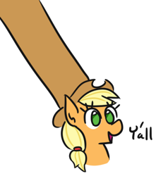 Size: 437x460 | Tagged: safe, artist:jargon scott, applejack, earth pony, pony, applejack's hat, bust, cowboy hat, cute, dialogue, doug dimmadome, female, giant hat, hat, impossibly large hat, jackabetes, mare, no pupils, open mouth, simple background, smiling, solo, stetson, ten gallon hat, text, wat, white background, y'all
