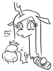 Size: 390x520 | Tagged: safe, artist:jargon scott, queen chrysalis, changeling, changeling queen, bag, bags under eyes, black and white, bug spray, bust, dialogue, female, grayscale, huffing, implied drug use, implied self harm, monochrome, paper bag, self harm, simple background, solo, white background