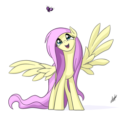 Size: 869x811 | Tagged: safe, artist:zlack3r, fluttershy, butterfly, pegasus, pony, female, gimp, happy, looking up, mare, simple background, solo, spread wings, white background, wings