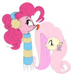 Size: 1088x1156 | Tagged: safe, artist:hattsy, fluttershy, pinkie pie, earth pony, pegasus, pony, clothes, earmuffs, female, licking, mare, open mouth, scarf, simple background, tongue out, white background