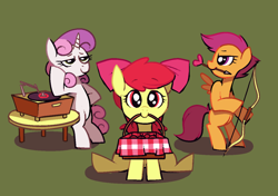 Size: 1280x900 | Tagged: safe, artist:karzahnii, apple bloom, scootaloo, sweetie belle, earth pony, pegasus, pony, unicorn, arrow, bipedal, bow (weapon), bow and arrow, cutie mark crusaders, female, filly, looking at you, mouth hold, phonograph, picnic, puppy dog eyes, record, record player, simple background, sitting, trio