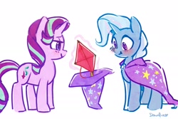 Size: 2234x1489 | Tagged: safe, artist:dawnfire, starlight glimmer, trixie, pony, unicorn, blushing, cute, diatrixes, female, glimmerbetes, kite, magic, mare, simple background, smiling, telekinesis, that pony sure does love kites