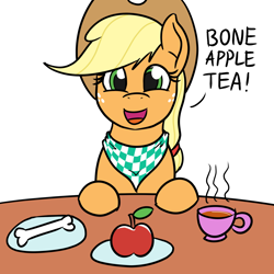 Size: 1200x1200 | Tagged: safe, artist:mkogwheel, applejack, earth pony, pony, apple, bib, bone, bone apple tea, boneappletea, fancy, food, illiteracy, mondegreen, pun, silly, silly pony, simple background, solo, tea, visual pun, white background, wordplay