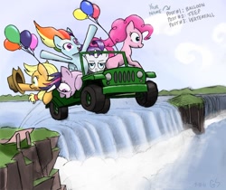 Size: 900x757 | Tagged: safe, artist:gsphere, applejack, pinkie pie, rainbow dash, rarity, twilight sparkle, earth pony, pegasus, pony, unicorn, balloon, car, female, mare, photoshop, ramp, scenery, water, waterfall