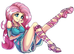 Size: 1500x1100 | Tagged: safe, artist:rockset, fluttershy, better together, equestria girls, adorasexy, beautiful, beautisexy, breasts, clothes, cute, dress, feet, female, geode of fauna, legs, looking at you, magical geodes, sandals, schrödinger's pantsu, sexy, shyabetes, simple background, smiling, solo, white background