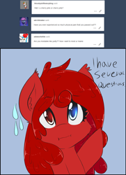 Size: 1500x2071 | Tagged: safe, artist:freefraq, oc, oc only, oc:cherry slime, goo pony, original species, pony, :i, cute, heterochromia, raised hoof, solo, sweat, sweatdrops, tumblr:askcherrytheslime