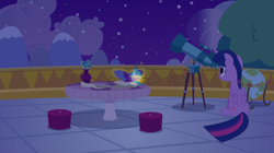 Size: 1600x897 | Tagged: safe, artist:tiarawhy, twilight sparkle, twilight sparkle (alicorn), alicorn, pony, globe, night, pony waifu sim, show accurate, solo, starry sky, telescope, twilight's castle