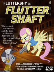 Size: 1280x1711 | Tagged: safe, artist:gsphere, fluttershy, zecora, pegasus, pony, zebra, afro, crossover, flutterguy, gun, moustache, movie poster, parody, photoshop, poster, weapon