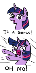 Size: 290x582 | Tagged: safe, artist:jargon scott, twilight sparkle, pony, unicorn, bust, comic, comic strip, dialogue, gundam reconguista in g, looking at you, open mouth, ponified meme, simple background, white background