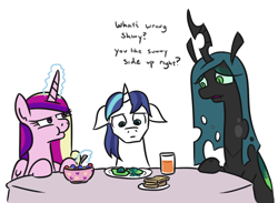 Size: 730x534 | Tagged: safe, artist:jargon scott, princess cadance, queen chrysalis, shining armor, alicorn, changeling, changeling queen, pony, unicorn, awkward, cereal, changeling egg, dialogue, eating, egg, female, floppy ears, food, glowing horn, green eggs, green eggs and ham, herbivore vs omnivore, juice, magic, male, mare, orange juice, ponies eating meat, scrunchy face, simple background, stallion, telekinesis, white background