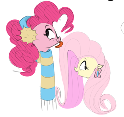 Size: 1170x1106 | Tagged: safe, artist:hattsy, fluttershy, pinkie pie, earth pony, pegasus, pony, clothes, earmuffs, female, licking, mare, open mouth, scarf, simple background, smiling, tongue out, white background