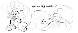 Size: 2247x963 | Tagged: safe, artist:hattsy, fluttershy, pinkie pie, earth pony, pegasus, pony, angry, aweeg*, cookie, dialogue, eating, female, food, mare, misleading thumbnail, monochrome, nom, open mouth, sitting, this will end in pain