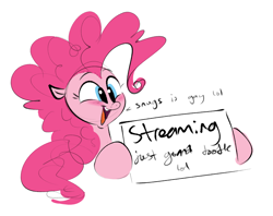 Size: 1404x1112 | Tagged: safe, artist:hattsy, pinkie pie, earth pony, pony, blushing, dialogue, hoof hold, open mouth, sign, smiling, solo
