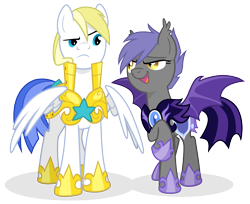 Size: 3800x3100 | Tagged: safe, artist:equestria-prevails, oc, oc only, oc:cloud skipper, oc:midnight blossom, bat pony, pegasus, pony, armor, cloudblossom, cute, duo, female, guardsmare, high res, male, mare, night guard, royal guard, simple background, stallion, transparent background