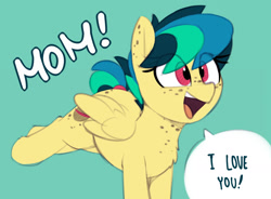 Size: 1852x1361 | Tagged: safe, artist:shinodage, edit, editor:paperbagpony, oc, oc only, oc:apogee, pegasus, pony, adorkable, blue background, body freckles, bucking, butt freckles, chest fluff, chest freckles, cute, dialogue, dork, ear freckles, excited, exploitable meme, female, filly, freckles, happy, meme, mom! meme, ocbetes, open mouth, proud, raised leg, simple background, smiling, solo, speech bubble, tail wrap, teenager, text, wholesome
