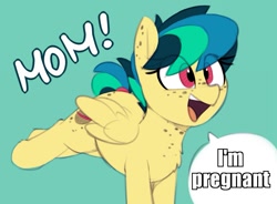 Size: 979x719 | Tagged: safe, artist:shinodage, edit, oc, oc only, oc:apogee, pegasus, pony, adorkable, blue background, body freckles, bucking, butt freckles, chest fluff, chest freckles, cute, dialogue, dork, ear freckles, excited, exploitable meme, female, filly, freckles, happy, implied pregnancy, implied straight, meme, mom! meme, ocbetes, open mouth, proud, raised leg, shitposting, simple background, smiling, solo, speech bubble, tail wrap, teenager, text