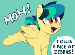 Size: 1280x941 | Tagged: safe, artist:shinodage, edit, oc, oc only, oc:apogee, pegasus, pony, zebra, adorkable, blue background, body freckles, bucking, butt freckles, chest fluff, chest freckles, cute, dialogue, dork, ear freckles, excited, exploitable meme, female, filly, freckles, happy, implied violence, meme, mom! meme, ocbetes, open mouth, proud, raised leg, self defense, shitposting, simple background, smiling, solo, speech bubble, tail wrap, teenager, text