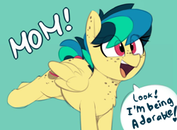 Size: 800x588 | Tagged: safe, artist:shinodage, edit, oc, oc only, oc:apogee, pegasus, pony, adorkable, blue background, body freckles, bucking, butt freckles, chest fluff, chest freckles, cute, diabetes, diageetes, dialogue, dork, ear freckles, excited, exploitable meme, female, filly, freckles, happy, meme, mom! meme, ocbetes, open mouth, proud, raised leg, simple background, smiling, solo, speech bubble, tail wrap, teenager, text