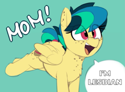 Size: 979x719 | Tagged: safe, artist:shinodage, edit, oc, oc only, oc:apogee, pegasus, pony, adorkable, blue background, body freckles, bucking, butt freckles, chest fluff, chest freckles, cute, dialogue, dork, ear freckles, excited, exploitable meme, female, filly, freckles, happy, lesbian, meme, mom! meme, ocbetes, open mouth, proud, raised leg, shitposting, simple background, smiling, solo, speech bubble, tail wrap, teenager, text
