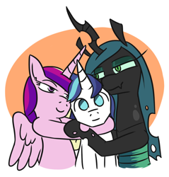 Size: 684x715 | Tagged: safe, artist:jargon scott, princess cadance, queen chrysalis, shining armor, alicorn, changeling, changeling queen, pony, unicorn, bedroom eyes, bisexual, cadalis, chrysarmordance, empty eyes, eye contact, female, group hug, head tilt, hug, lesbian, lidded eyes, looking at each other, looking at you, male, mare, no catchlights, no pupils, ot3, polyamory, shining armor gets all the mares, shining chrysalis, shiningcadance, shipping, simple background, smiling, stallion, straight, thousand yard stare, white background