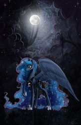 Size: 822x1263 | Tagged: safe, artist:nastylady, princess luna, alicorn, pony, female, mare, moon, night, photoshop, raised hoof, solo