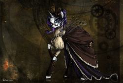 Size: 1000x673 | Tagged: safe, artist:nastylady, rarity, pony, unicorn, abstract background, cigarette, cigarette holder, clothes, dress, female, glasses, hat, mare, photoshop, raised hoof, smoking, solo, steampunk